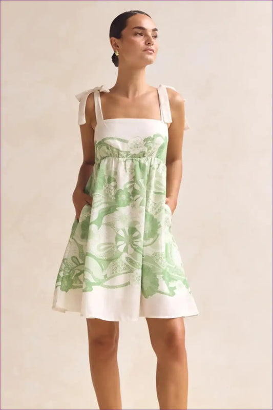 Mini Dress with Tie Straps - Garden Party Ready for A-line, Boho, Casual, Cotton,