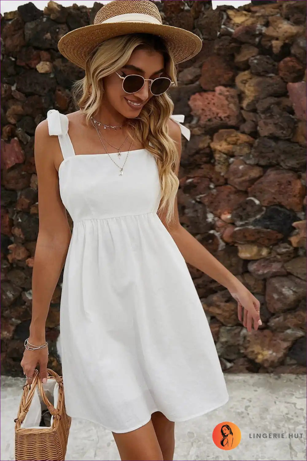 Mini Dress with Tie Straps - Summer Simplicity for A-line, Casual, Cotton, Dress, Everyday