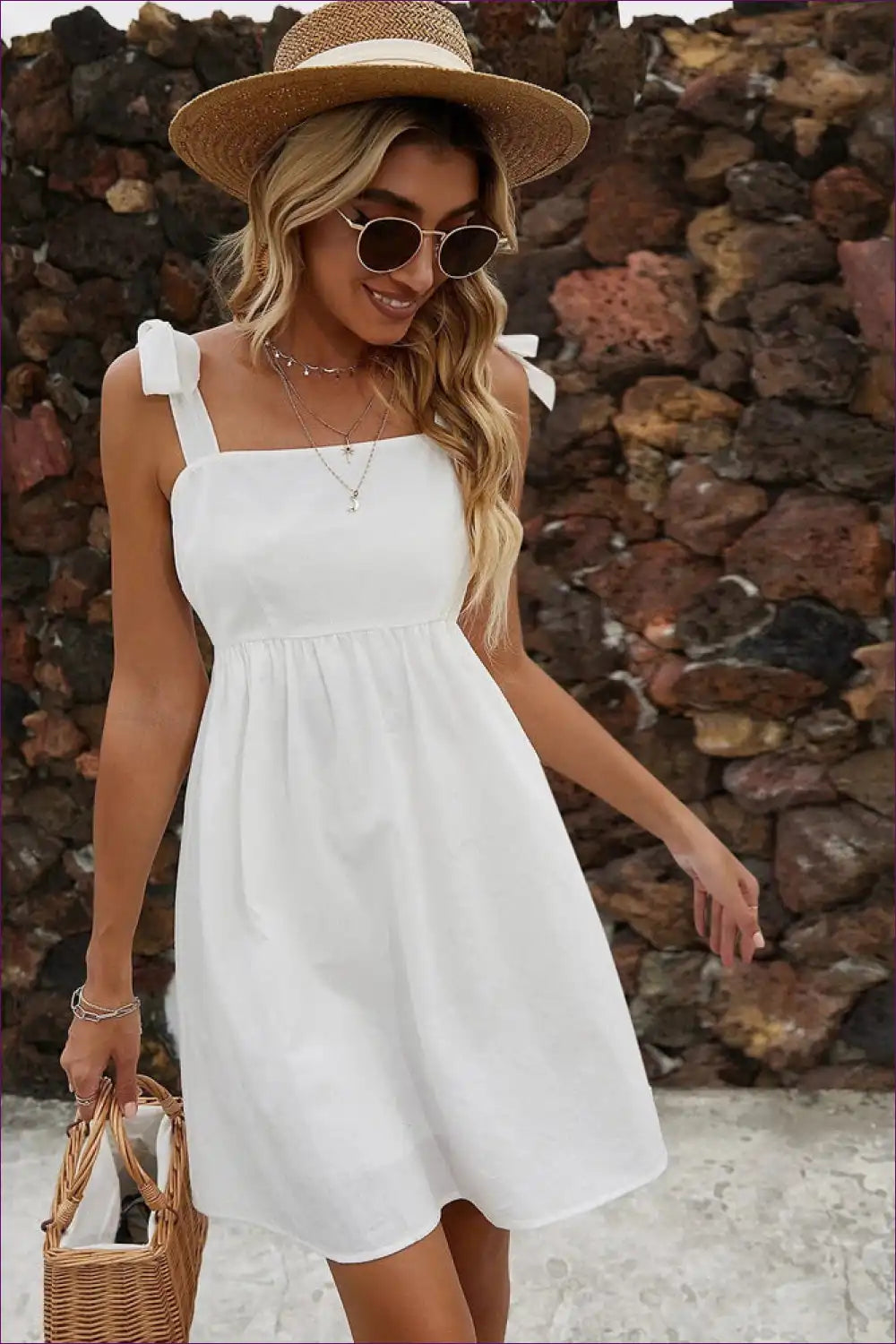 Mini Dress with Tie Straps - Summer Simplicity for A-line, Casual, Cotton, Dress, Everyday