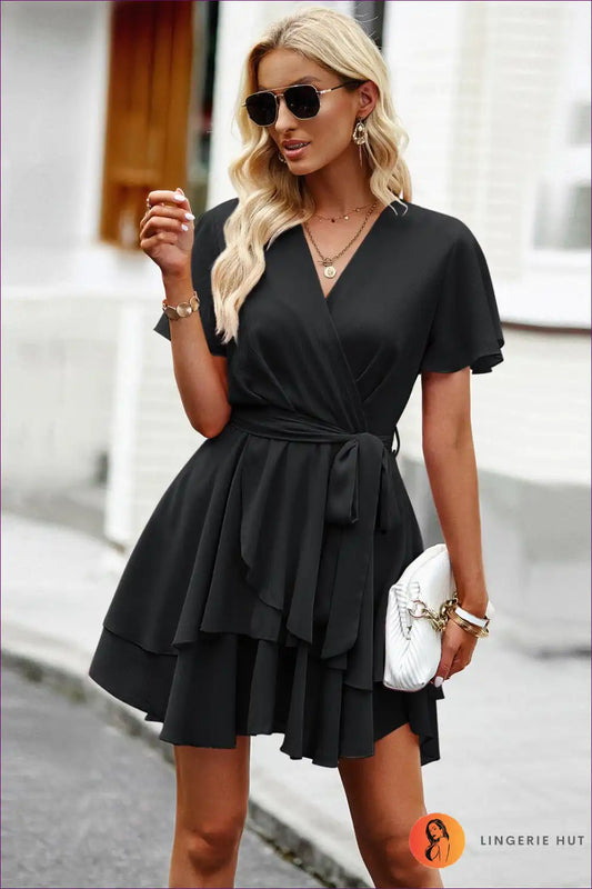 Mini Dress with Tiered Ruffles - Garden Party Ready for A-line, Boho, Casual, Chiffon,