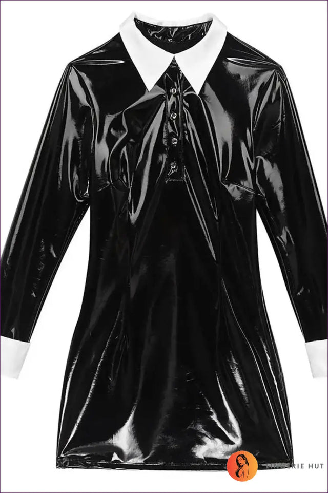Wet Look Mini Dress with Turn-Down Collar