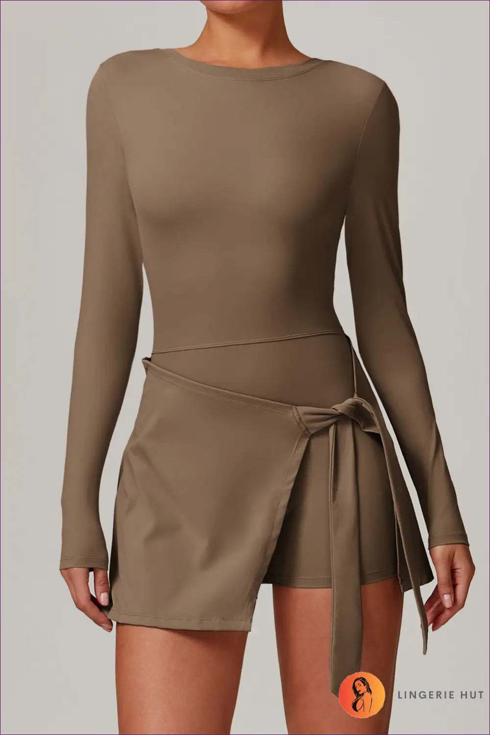 Mini Dress with Wrap Detail - Athletic Sophistication - s / Brown - Dresses - Lingerie Hut - All Season • Bodycon