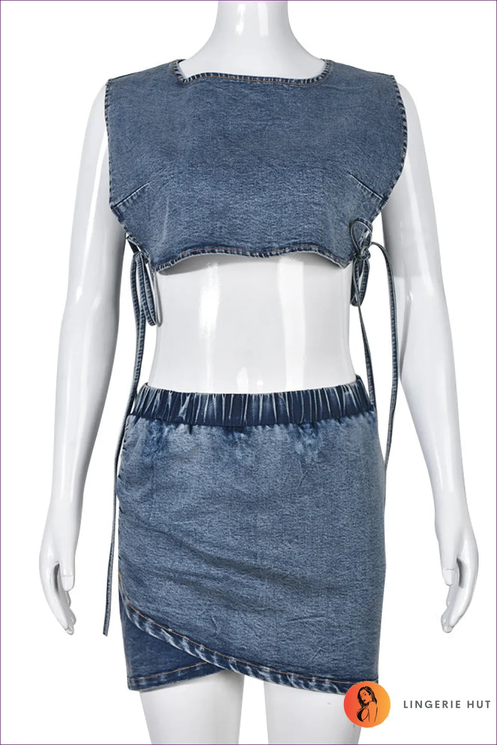 Unleash Your Sass With Lingerie Hut’s Mini Skirt Stretch Vest In Sexy Denim. Snug Fit Meets Playful Tie For