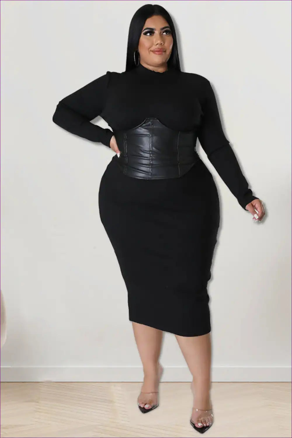 Mock Neck Bodycon Dress with Leather Corset Detail for Bodycon, Corset, Date Night, Evening Wear, Formal Wear