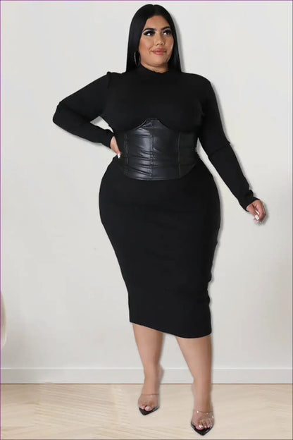 Mock Neck Bodycon Dress with Leather Corset Detail for Bodycon, Corset, Date Night, Evening Wear, Formal Wear