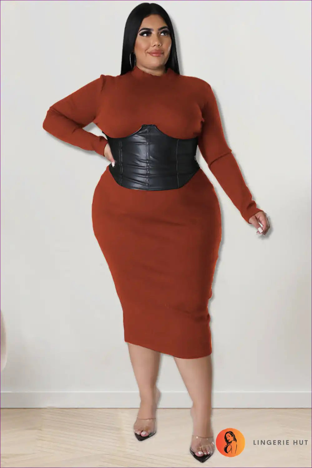 Mock Neck Bodycon Dress with Leather Corset Detail for Bodycon, Corset, Date Night, Evening Wear, Formal Wear