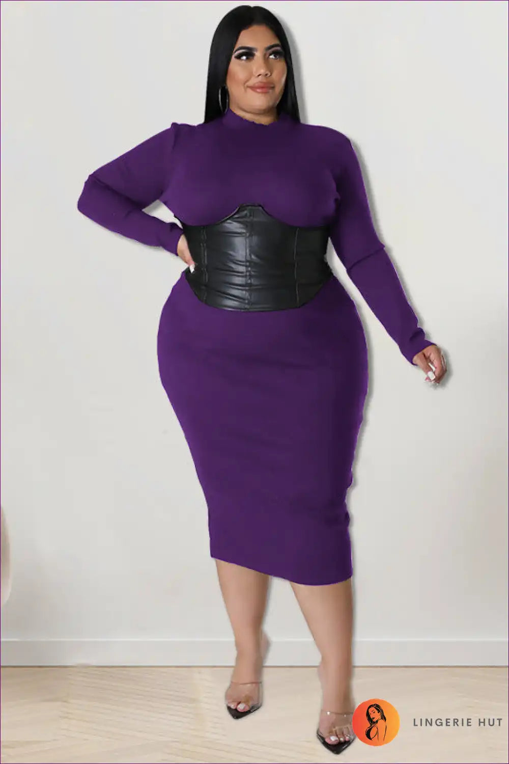 Mock Neck Bodycon Dress with Leather Corset Detail for Bodycon, Corset, Date Night, Evening Wear, Formal Wear