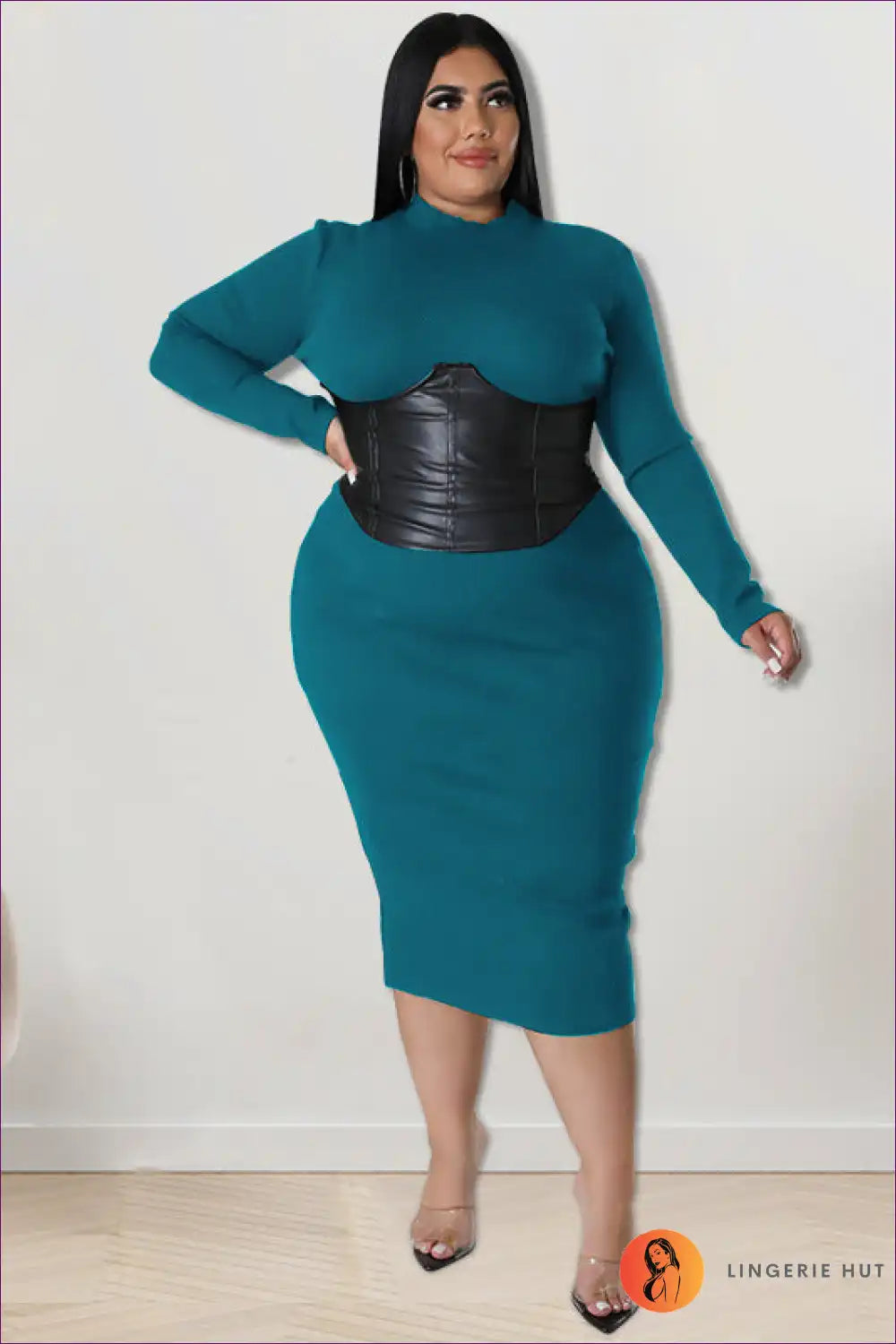 Mock Neck Bodycon Dress with Leather Corset Detail for Bodycon, Corset, Date Night, Evening Wear, Formal Wear