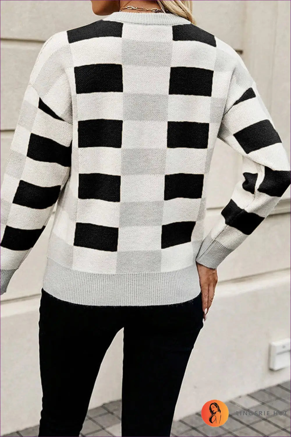 Monochrome Checkered Crewneck Sweater - Modern Chic for Autumn, Casual, Everyday, Modest, n