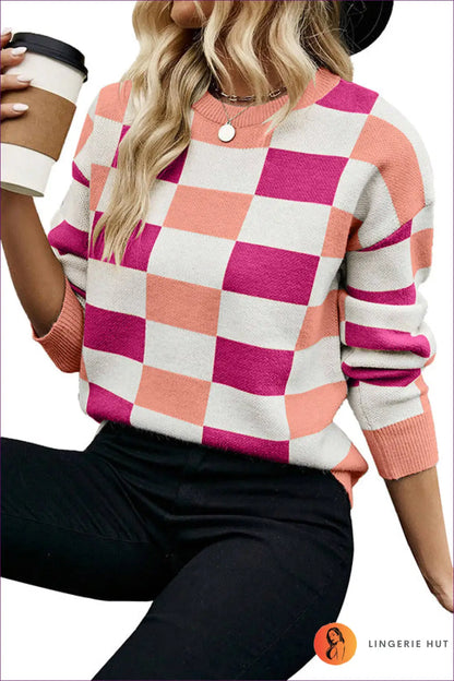 Monochrome Checkered Crewneck Sweater - Modern Chic for Autumn, Casual, Everyday, Modest, n