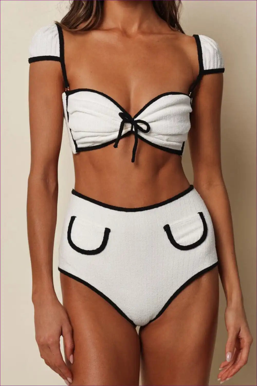 Monochrome Chic High-waist Bikini Set - Retro Elegance for Beachwear, Bikini, Casual, Date Night, Glamour