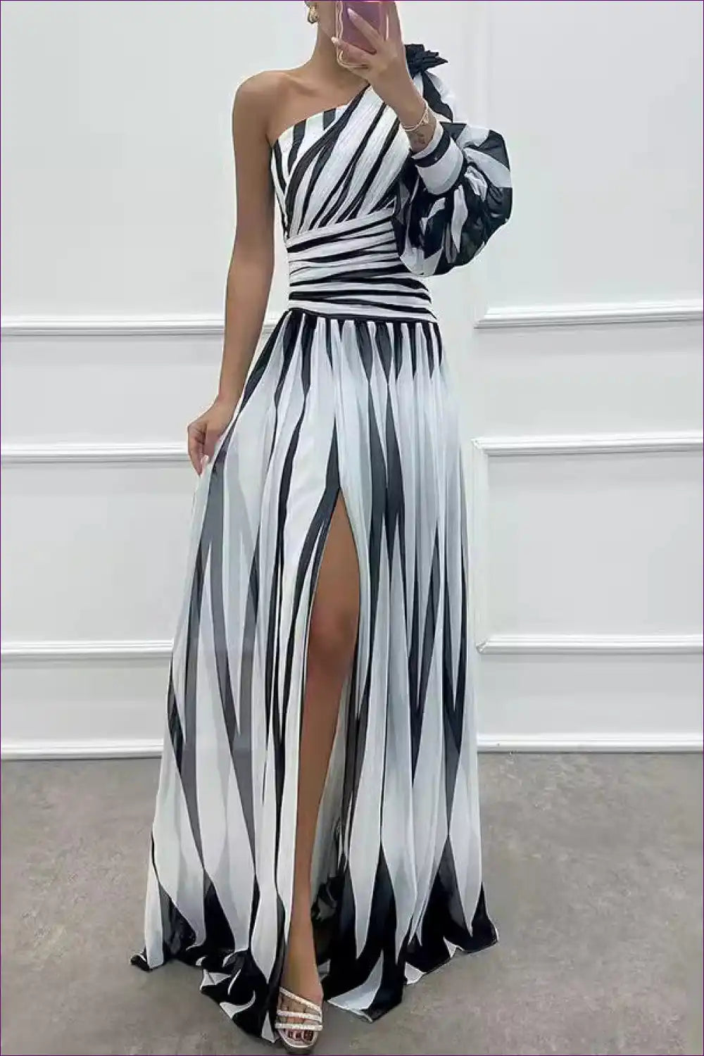 Monochrome Elegance One-shoulder Maxi Dress - Dramatic Stripes & Slit for a Line, Chiffon, Dress, Everyday,