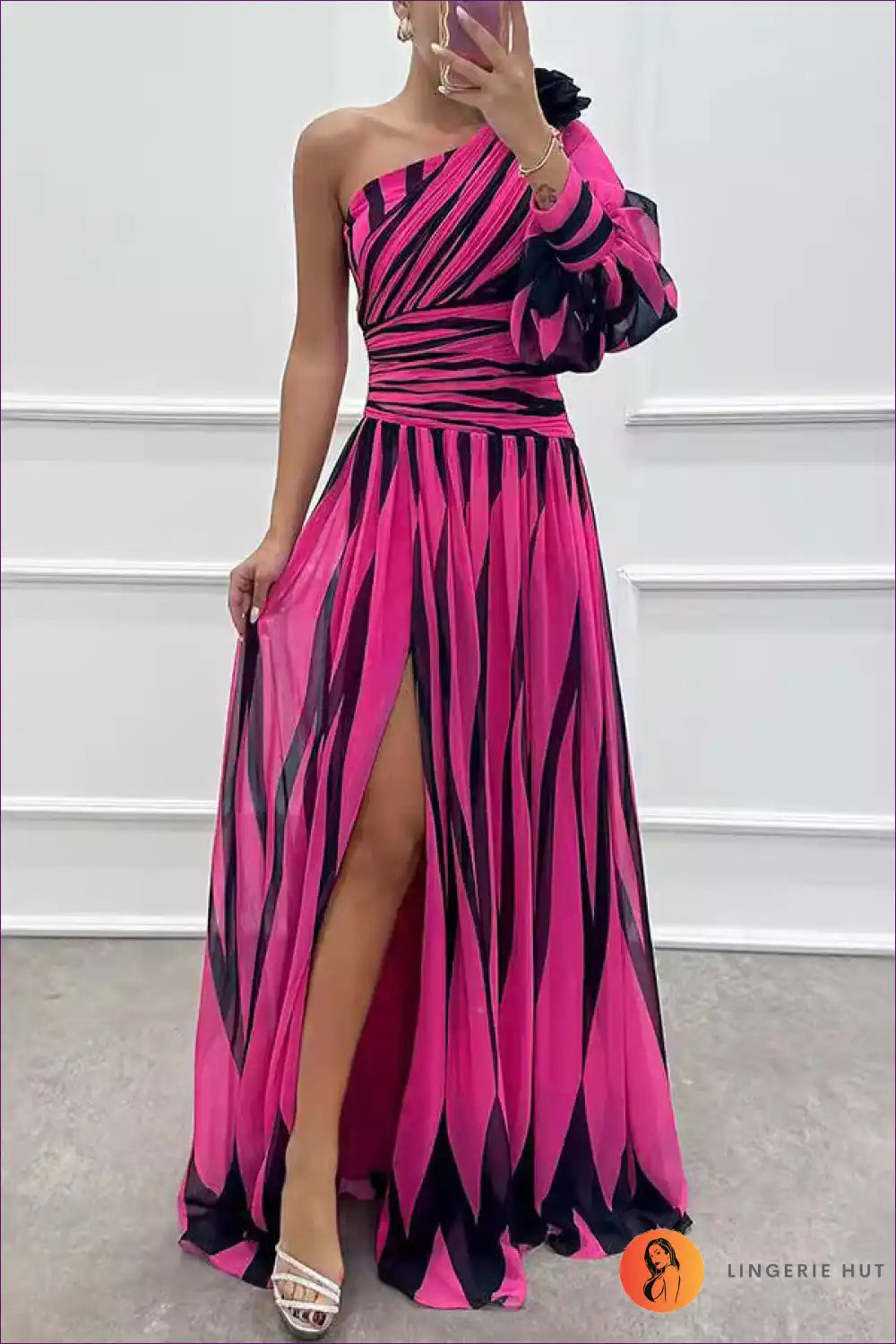 Monochrome Elegance One-shoulder Maxi Dress - Dramatic Stripes & Slit for a Line, Chiffon, Dress, Everyday,