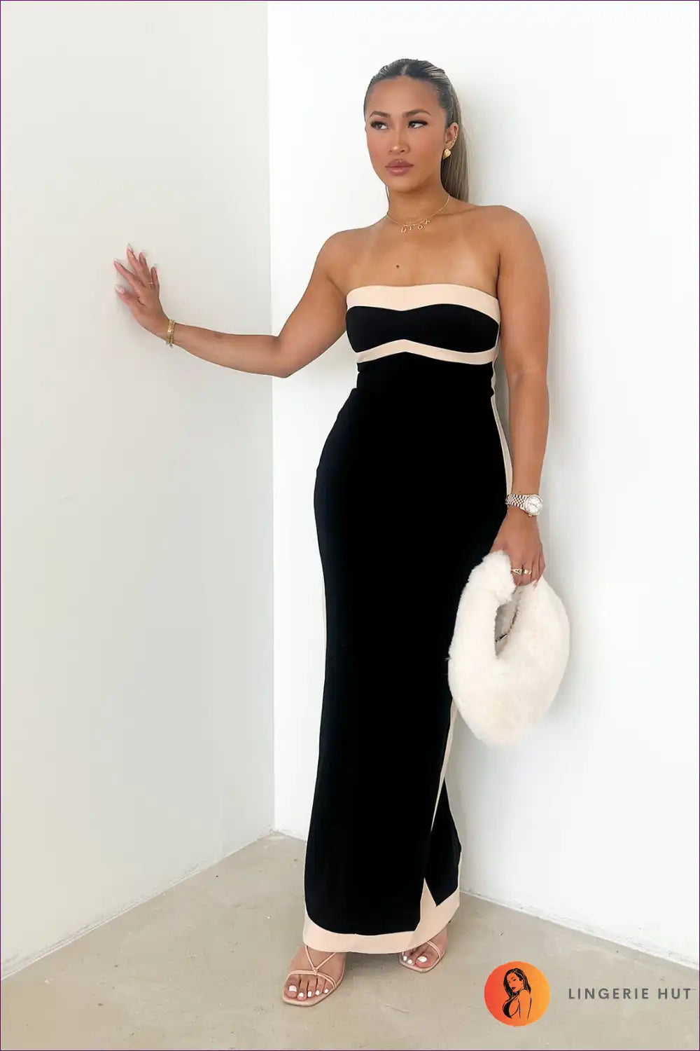 Monochrome Magic Strapless Maxi Dress - Elegant Evening Glamour for Bodycon, Cutout, Dress, Glamour,