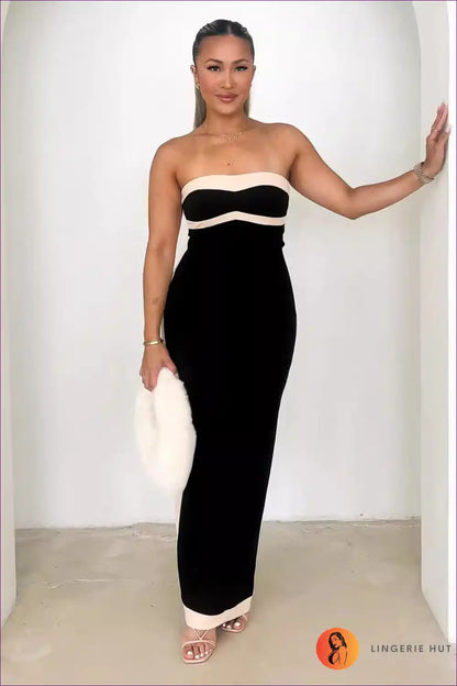 Monochrome Magic Strapless Maxi Dress - Elegant Evening Glamour for Bodycon, Cutout, Dress, Glamour,