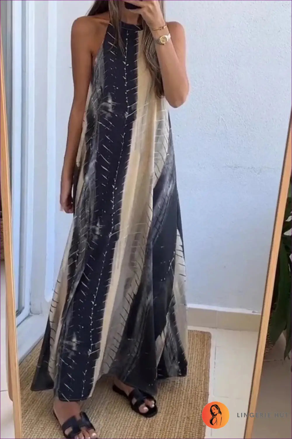 Monochrome Tie-dye Halter Maxi Dress - Effortless Chic for Boho, Casual, Cotton, Dress, Everyday