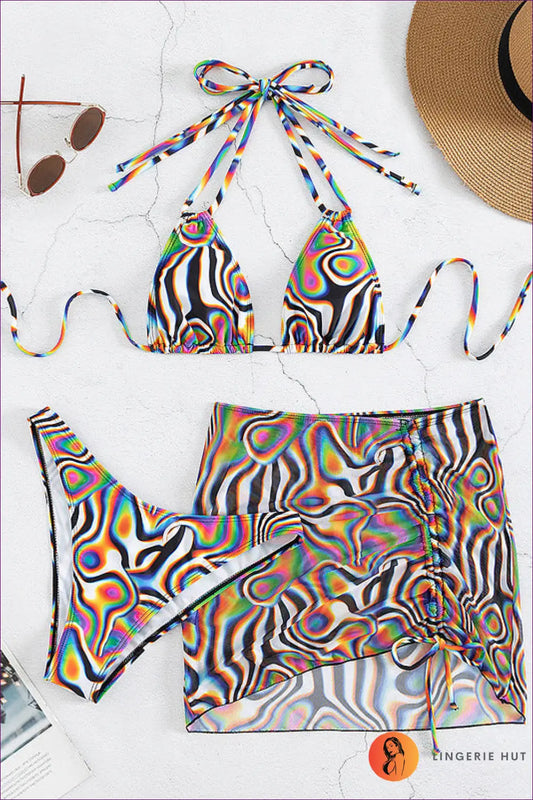 Multi Abstract Swirl Bikini with Wrap Mini Skirt - Bold Beach Day - s / Swimwear - Beachwear • Halter • High Leg