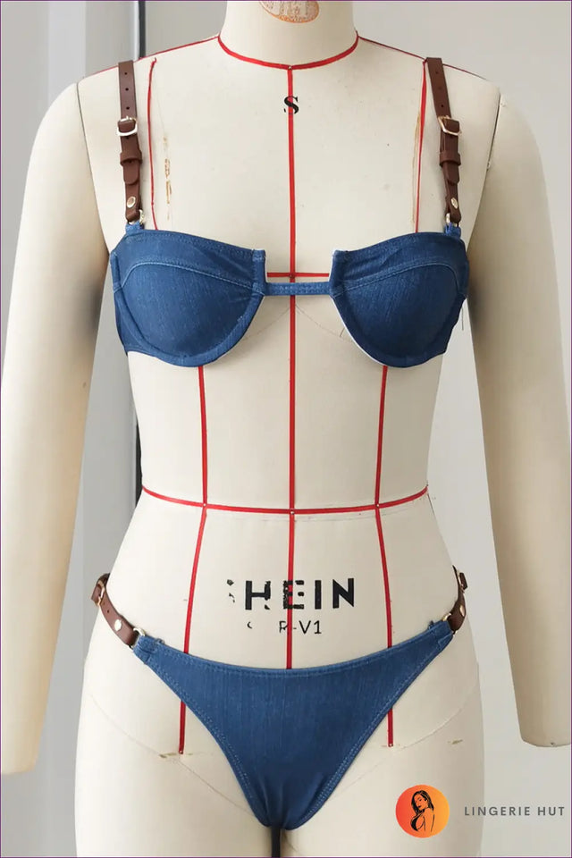Multi Faux Denim Buckle Bikini with Adjustable Straps - Western Wave
