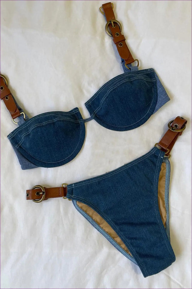 Multi Faux Denim Buckle Bikini with Adjustable Straps - Western Wave