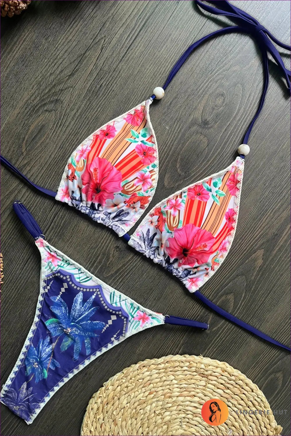 Multi Floral Print Triangle Bikini with Beaded Ties - Boho Sun Days - s / Swimwear - Beachwear • Halter - Lingerie Hut