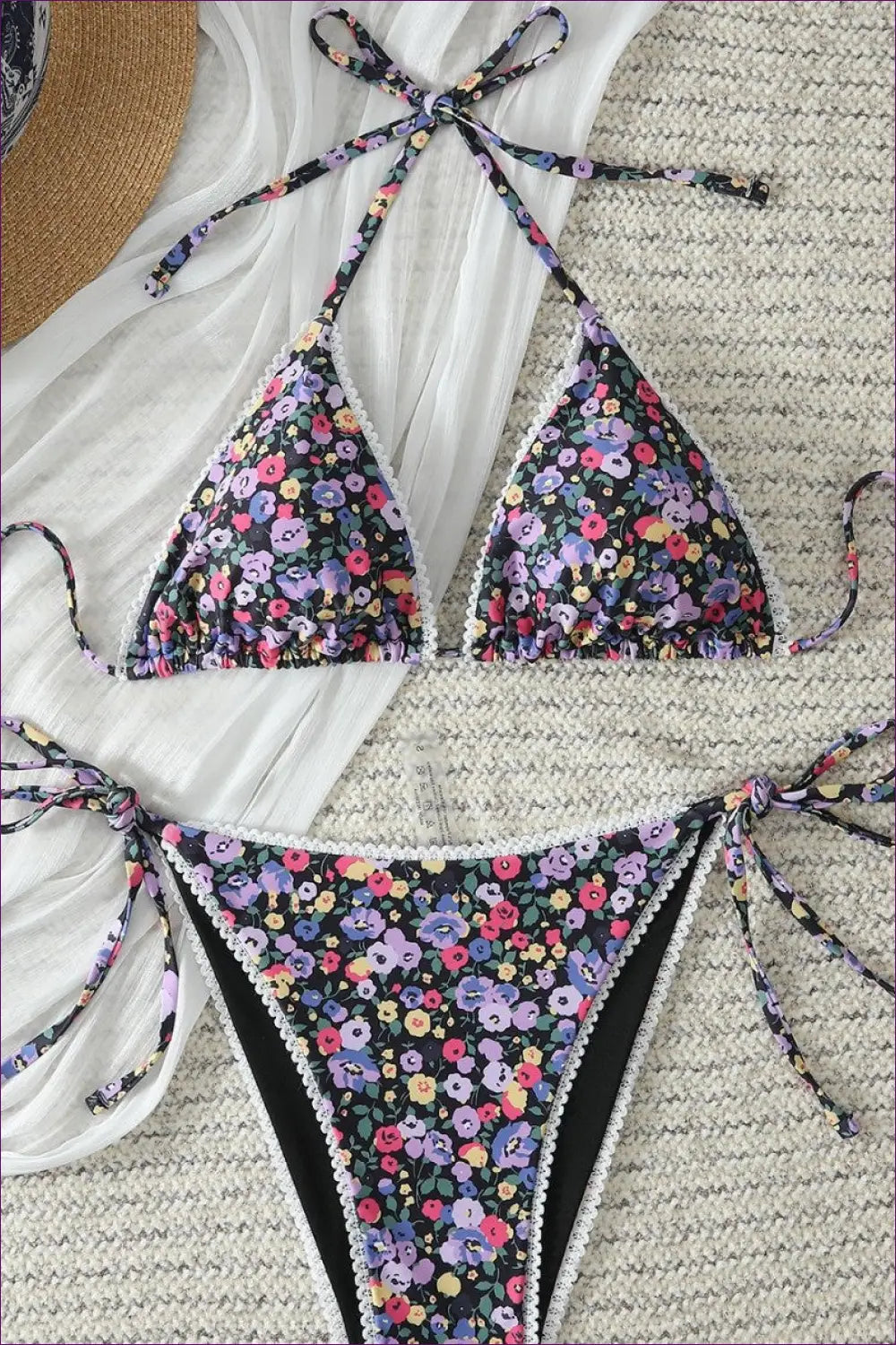 Multi Floral Scalloped-trim Bikini with Tie Straps - Petal Trim - Swimwear - Beachwear • Boho • just in • Party