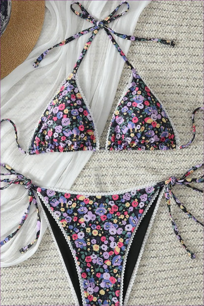 Multi Floral Scalloped-trim Bikini with Tie Straps - Petal Trim - Swimwear - Beachwear • Boho • just in • Party