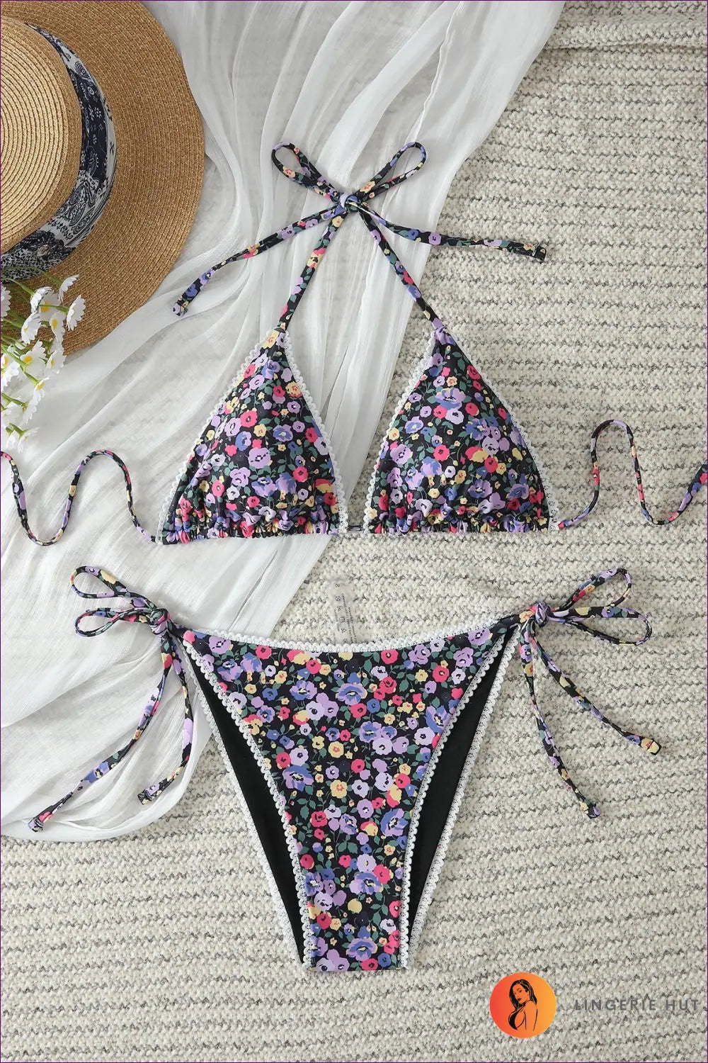 Multi Floral Scalloped-trim Bikini with Tie Straps - Petal Trim - s / Swimwear - Beachwear • Boho • just in • Party