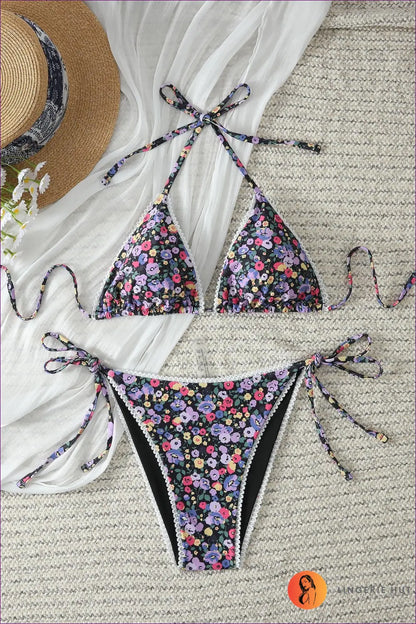 Multi Floral Scalloped-trim Bikini with Tie Straps - Petal Trim - s / Swimwear - Beachwear • Boho • just in • Party