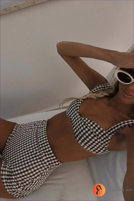 Multi Gingham Bikini Top with High-waist Shorts - Retro Poolside - s / Swimwear - Beachwear • Casual • co Ord • High