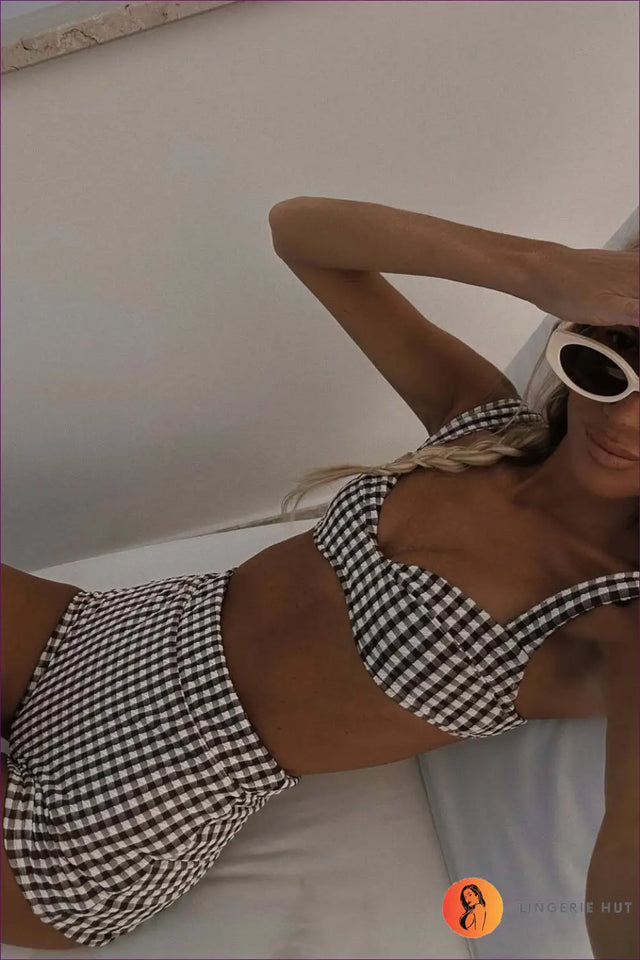 Multi Gingham Bikini Top with High-Waist Shorts - Retro Poolside