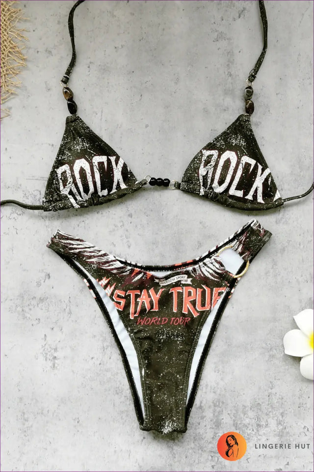 Multi Graphic Print Bikini with Beaded Straps - Festival Ready