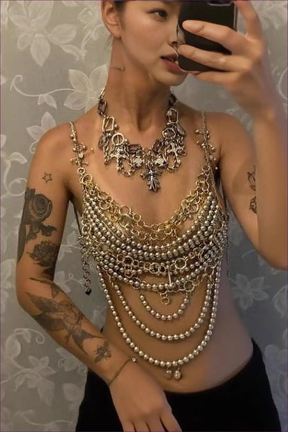 Multi-layer Chain Bra Top with Pearl Detailing - Festival Statement for Clubwear, Crop, just In, Metallic,