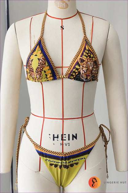 Multi Printed Halter Bikini with Pompom Trim - Boho Beach Days - s / Beachwear • just in • Polyester • Sexy - Lingerie