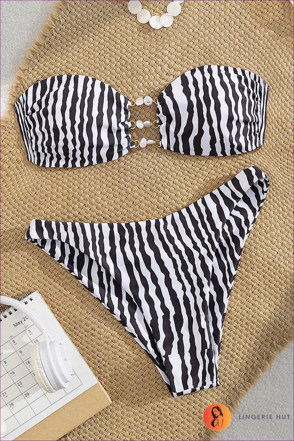Multi Striped Bandeau Bikini with Ring Cutout - Coastal Contrast - s / Beachwear • Boho • just in • Polyester • Sexy