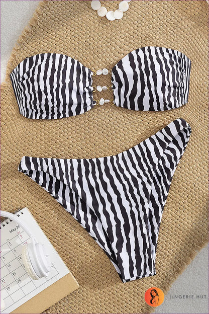 Multi Striped Bandeau Bikini with Ring Cutout - Coastal Contrast - s / Beachwear • Boho • just in • Polyester • Sexy