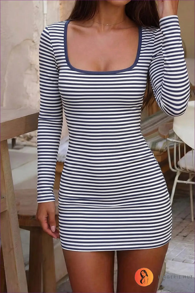Multi Striped Bodycon Mini Dress with Square Neckline - Everyday Edge