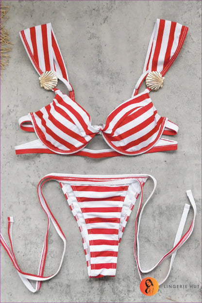 Multi Underwire Striped Bikini with Shell Strap Detail - Nautical Ease - s / Beachwear • Boho • Embellished Bikinis