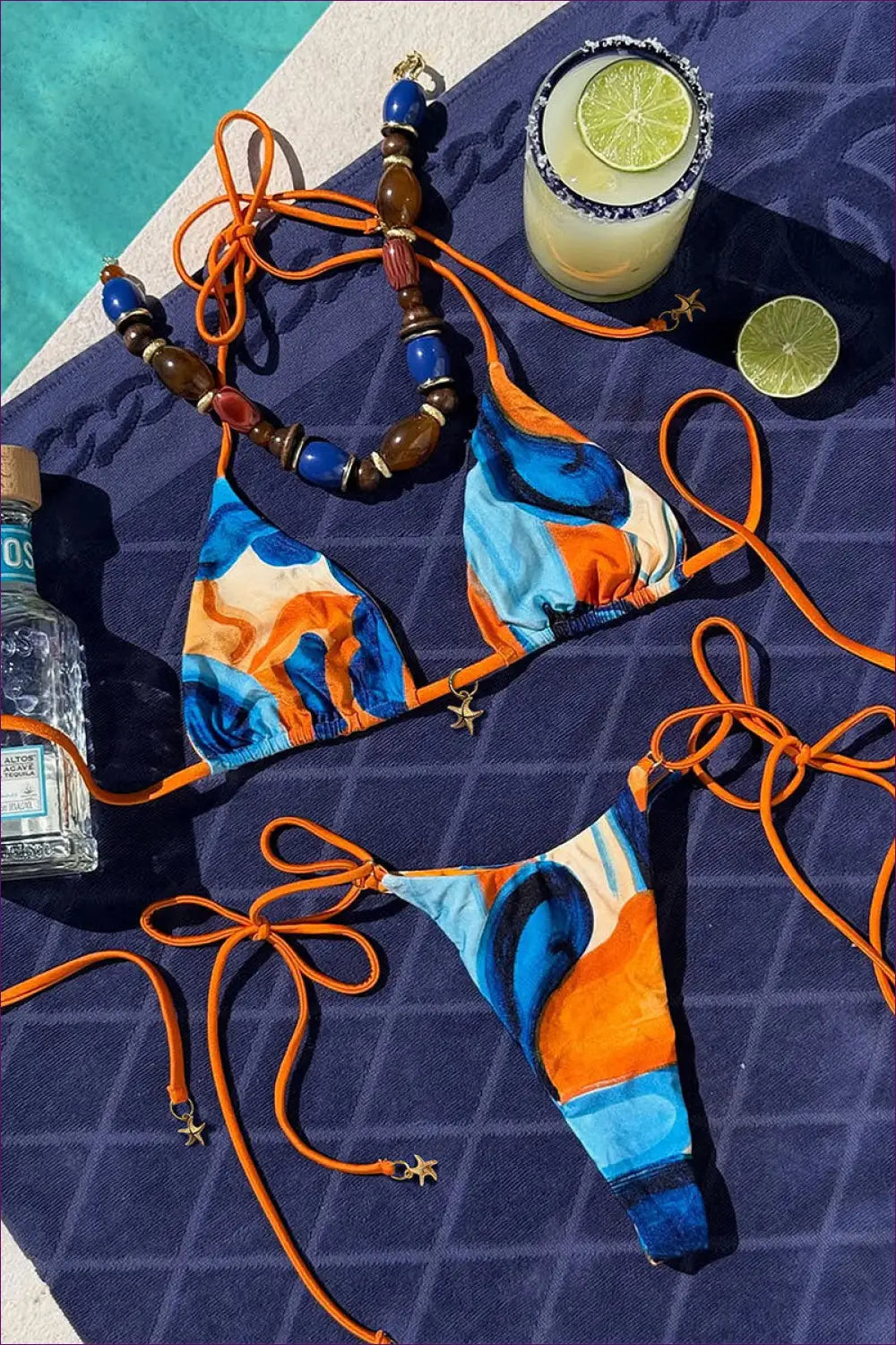 Multi Wave-print Bikini with Starfish Charm Ties - Coastal Knot - Swimwear - Beachwear • Boho • Embellished Bikinis