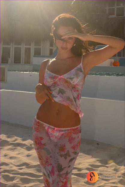 Multicolor Floral Print Skirt Set with Lace-trim Cami - Sunset Ease - Two-piece - Beachwear • Boho • co Ord
