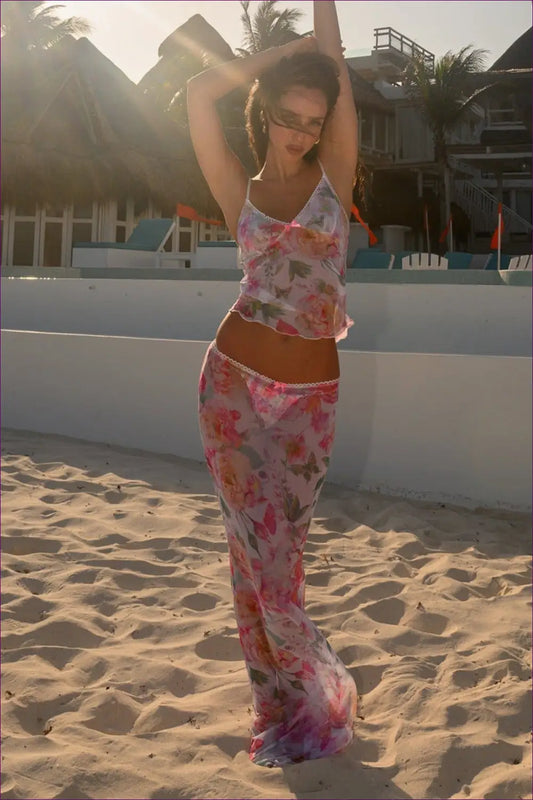 Multicolor Floral Print Skirt Set with Lace-trim Cami - Sunset Ease - Two-piece - Beachwear • Boho • co Ord