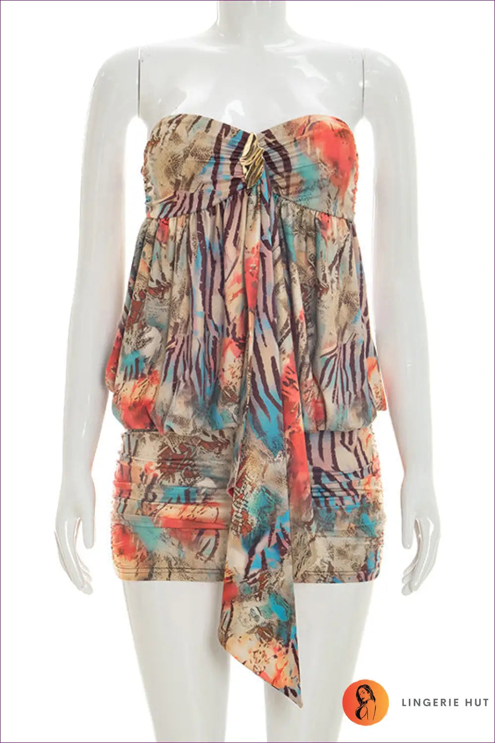 Multicolour Abstract Print Strapless Mini Dress - Ruched - s / Yellow - Bodycon • Boho • Everyday