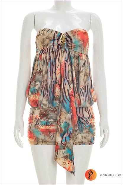 Multicolour Abstract Print Strapless Mini Dress - Ruched - s / Yellow - Bodycon • Boho • Everyday