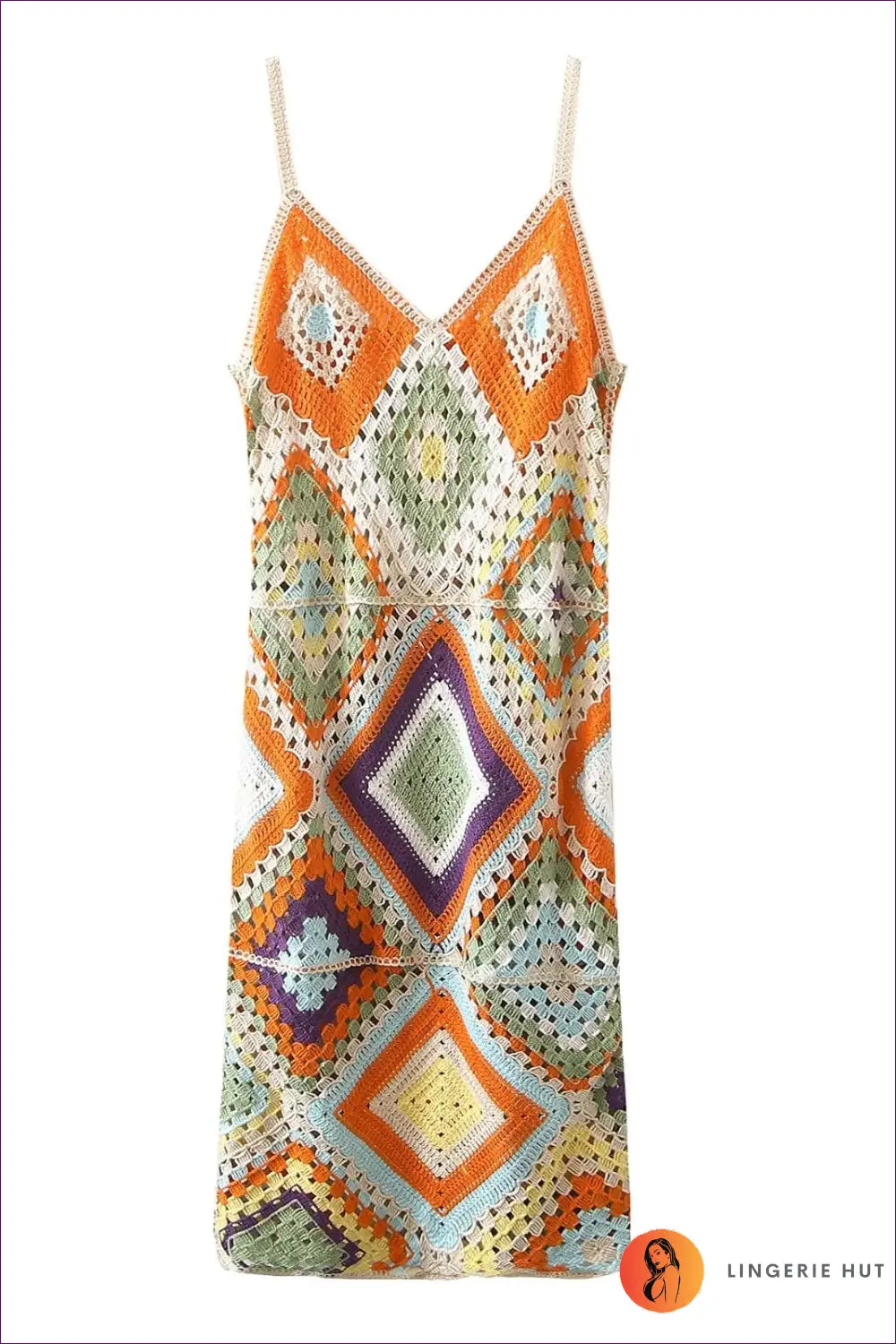 Multicolour Crochet Granny Square Cami Dress - V-neck - one Size / Orange - Boho • Everyday • just in - Goodme