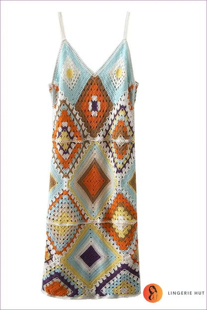 Multicolour Crochet Granny Square Cami Dress - V-neck - one Size / Blue - Boho • Everyday • just in - Goodme