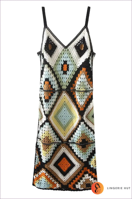 Multicolour Crochet Granny Square Cami Dress - V-neck - Boho • Everyday • just in - Goodme