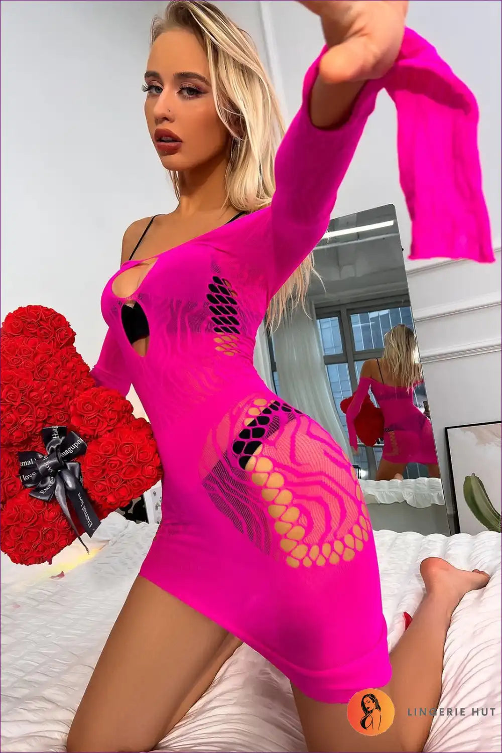 Turn Heads And Feel Like a Queen With Our Neon Pink Mesh Cut Out Mini Dress. The Bright Hue, Sexy Cut-out