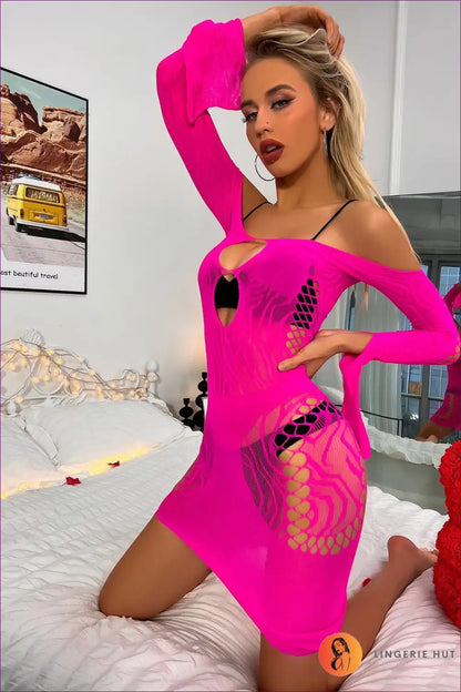 Turn Heads And Feel Like a Queen With Our Neon Pink Mesh Cut Out Mini Dress. The Bright Hue, Sexy Cut-out