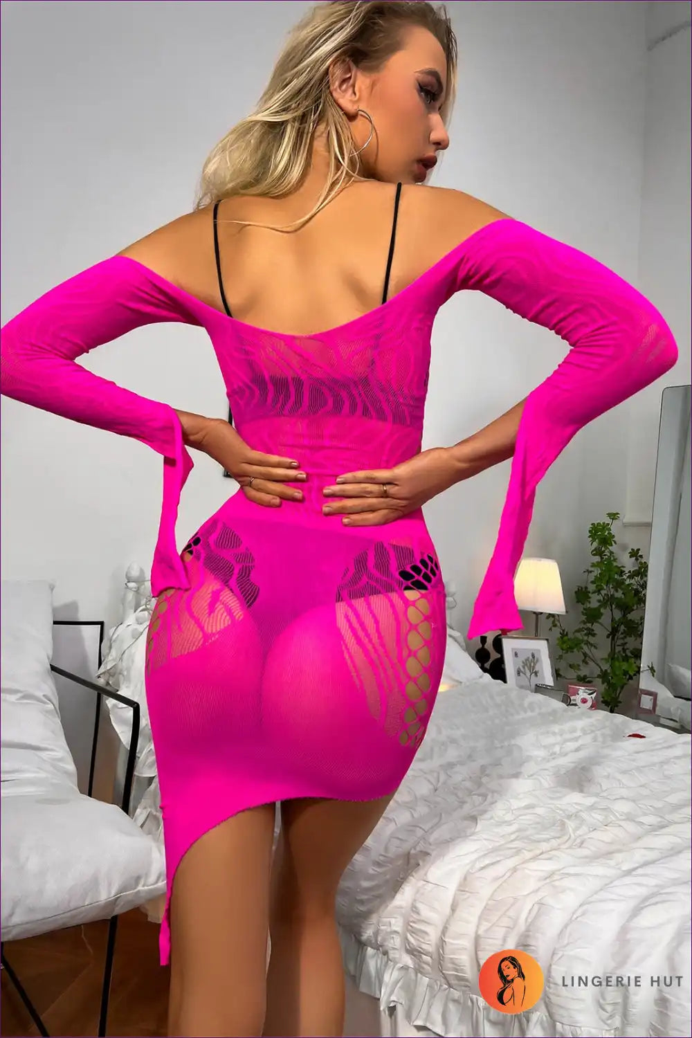 Turn Heads And Feel Like a Queen With Our Neon Pink Mesh Cut Out Mini Dress. The Bright Hue, Sexy Cut-out