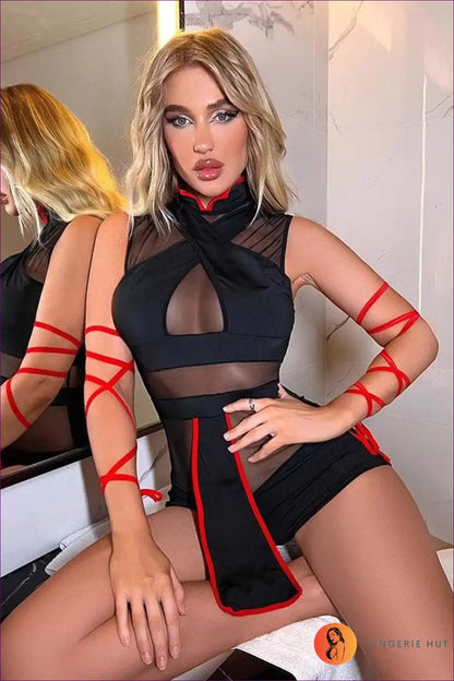 Ninja Role Play Costume with Mesh Panels - Playful Warrior Spirit for Bodysuit, Costume, Cutout, Fishnet,