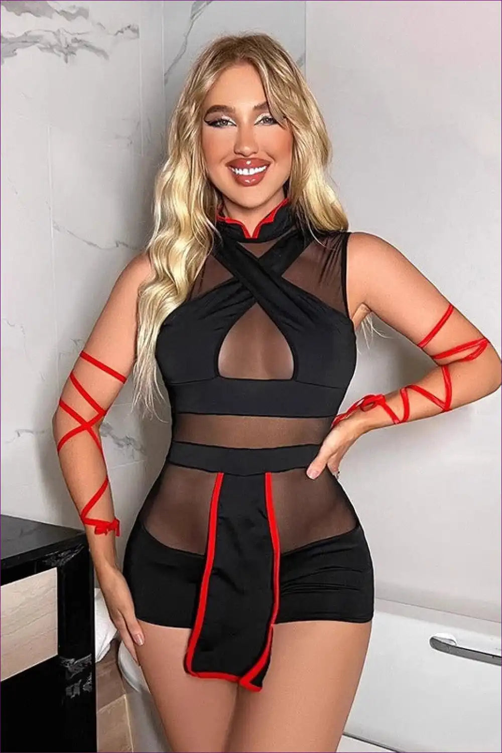 Ninja Role Play Costume with Mesh Panels - Playful Warrior Spirit for Bodysuit, Costume, Cutout, Fishnet,